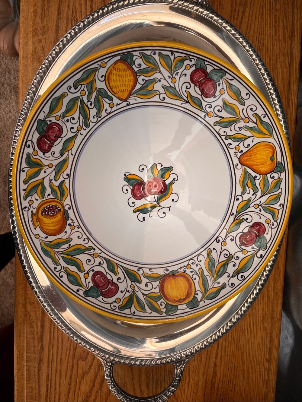 Vintage Grazia Deruta Italy Hand Painted Fruit Footed Serving Bowl 13” Majolica
